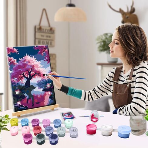 طلاء Jooz by Numbers للأرقام للبالغين مع طلاء الأشجار الزهر easel Cherry برقم مع Frame Lake Scenery Paint by Number Kits Painting by Forms Home Home Wall Decor in Kuwait