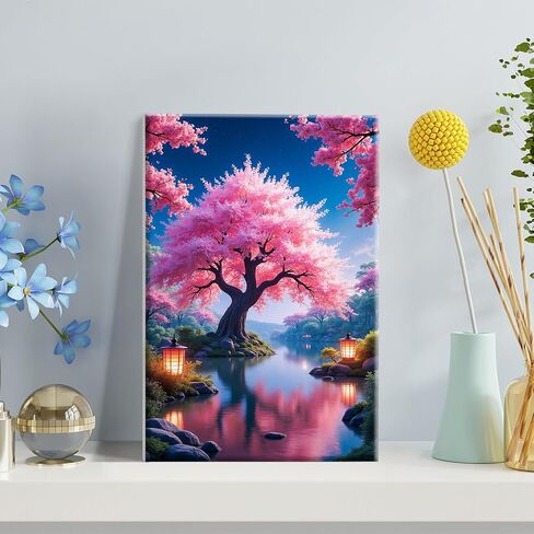 طلاء Jooz by Numbers للأرقام للبالغين مع طلاء الأشجار الزهر easel Cherry برقم مع Frame Lake Scenery Paint by Number Kits Painting by Forms Home Home Wall Decor in Kuwait