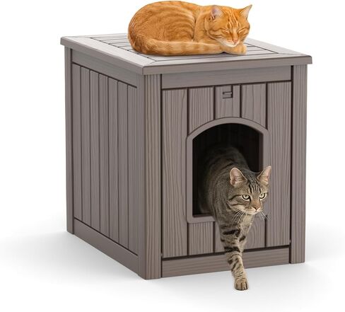 Vixzen Cat House Resin Outdoor Cat House with Flip Lid مرتفعة أرضية مرتفعة مقاومة للماء سهلة الوصول سهل التجميع سهل تنظيف المنازل للقطط في الهواء الطلق والرمادي in Kuwait