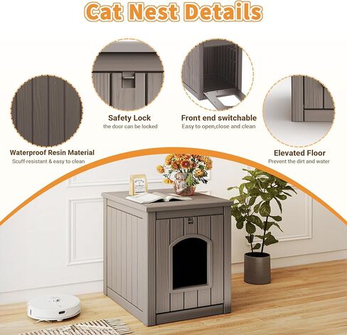 Vixzen Cat House Resin Outdoor Cat House with Flip Lid مرتفعة أرضية مرتفعة مقاومة للماء سهلة الوصول سهل التجميع سهل تنظيف المنازل للقطط في الهواء الطلق والرمادي in Kuwait