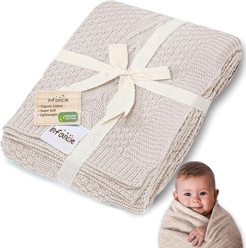 Ultra-Soft Organic Cotton Knit Baby Blanket - Ideal Swaddle Blanket for Soothing Newborns, Breathable & Gentle, Perfect for Boys & Girls, 31.5 x 43.3 inches (Beige) in Kuwait
