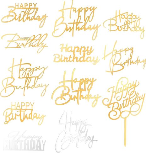 12PCS Gold Happy Birthday Cake Topper, Side Mirror Acrylic Happy Birthday Cake Topper with Gold and Silver Accents for Cupcake and Party Supplies in Saudi Arabia