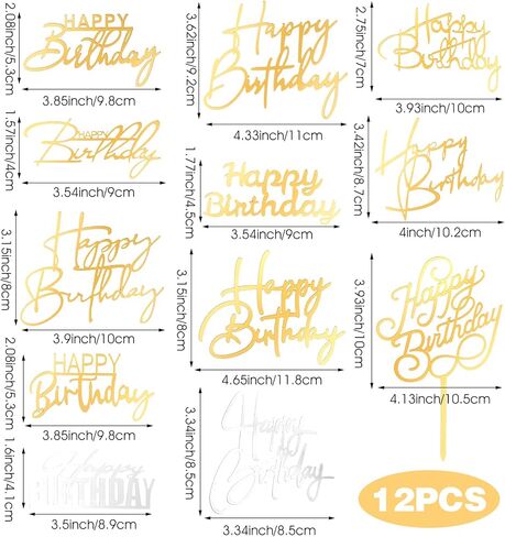 12PCS Gold Happy Birthday Cake Topper, Side Mirror Acrylic Happy Birthday Cake Topper with Gold and Silver Accents for Cupcake and Party Supplies in Saudi Arabia