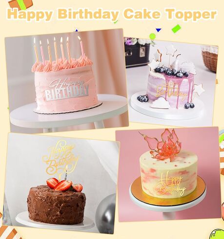 12PCS Gold Happy Birthday Cake Topper, Side Mirror Acrylic Happy Birthday Cake Topper with Gold and Silver Accents for Cupcake and Party Supplies in Saudi Arabia