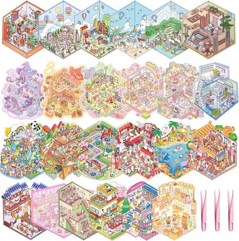 24 مجموعة ملصقات ثلاثية الأبعاد مشهد DIY تلصق الملصقات ثلاثية الأبعاد تصنع مشهد الغرفة المريح الخاص بك ، مشاهد ملصقات كرتون لطيفة لإصدار الإغاثة تمر الوقت in Kuwait