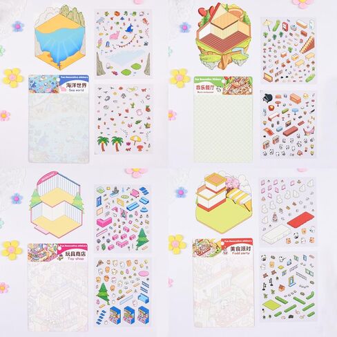 24 مجموعة ملصقات ثلاثية الأبعاد مشهد DIY تلصق الملصقات ثلاثية الأبعاد تصنع مشهد الغرفة المريح الخاص بك ، مشاهد ملصقات كرتون لطيفة لإصدار الإغاثة تمر الوقت in Kuwait