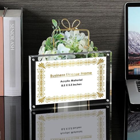 JUXYES Clear Acrylic Business License Frame Magnetic License Certificate Display Frame, Acrylic Sandwich Frames Frameless Panoramic Picture Frame Tabletop Magnetic Frames for Business License, 4x10 in Kuwait