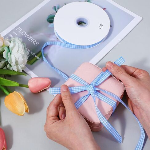 3/8 Inch×50Yard White and Blue Gingham Ribbon, Polyester Woven Edge Plaid Ribbon, Checkered Ribbons for Crafts Gift Wrapping Sewing Wedding Home Decoration in Saudi Arabia