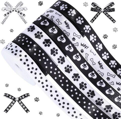 6 Rolls 30 Yards Paw Print Grosgrain Ribbon 3/8" Black White Dog Bone Paw Pattern Ribbon Puppy Dog Themed Craft Ribbon for Pet Party Decoration Gift Wrapping DIY Supplies in Saudi Arabia