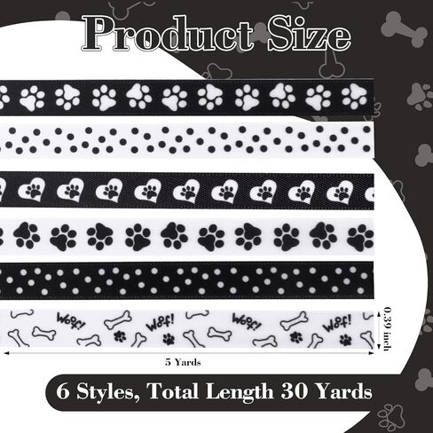6 Rolls 30 Yards Paw Print Grosgrain Ribbon 3/8" Black White Dog Bone Paw Pattern Ribbon Puppy Dog Themed Craft Ribbon for Pet Party Decoration Gift Wrapping DIY Supplies in Saudi Arabia
