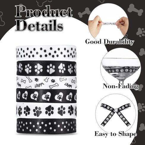 6 Rolls 30 Yards Paw Print Grosgrain Ribbon 3/8" Black White Dog Bone Paw Pattern Ribbon Puppy Dog Themed Craft Ribbon for Pet Party Decoration Gift Wrapping DIY Supplies in Saudi Arabia