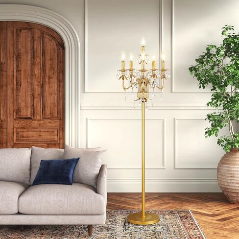 Wellmet Gold Floor Lamp for Living Room Corner, 6 Lights Farmhouse Standing Lamp, Tall Crystal Floor Lamp with Foot Switch for Office, Reading Room, Bedroom (E12 Base) in Kuwait