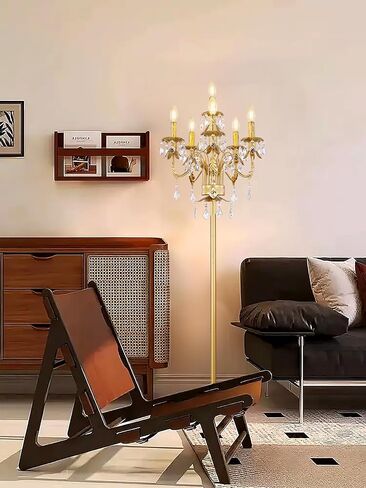 Wellmet Gold Floor Lamp for Living Room Corner, 6 Lights Farmhouse Standing Lamp, Tall Crystal Floor Lamp with Foot Switch for Office, Reading Room, Bedroom (E12 Base) in Kuwait