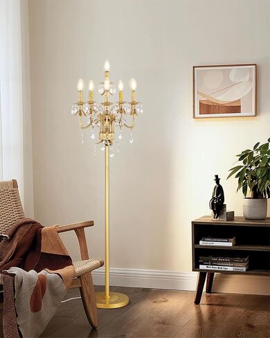 Wellmet Gold Floor Lamp for Living Room Corner, 6 Lights Farmhouse Standing Lamp, Tall Crystal Floor Lamp with Foot Switch for Office, Reading Room, Bedroom (E12 Base) in Kuwait