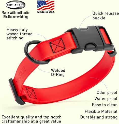 Dogline Biothane Waterproof Dog Collar with Quick Release Buckle Strong Coated Nylon Webbing with Odor- Proof for Easy Care Easy to Clean Fits Small Medium or Large Dogs, Red 3/4" W 12-19" L in Saudi Arabia