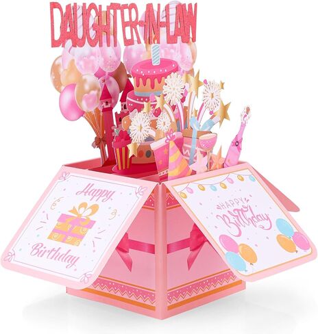 Happy Birthday Pop up Card, Pink Girly 3D Birthday Gift Box Balloon Star Firework Pop up Gift Box with Envelope Greeting Card for Daughter-in-Law in Saudi Arabia