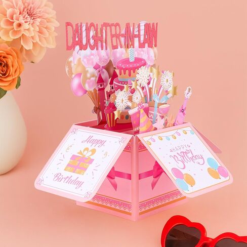 Happy Birthday Pop up Card, Pink Girly 3D Birthday Gift Box Balloon Star Firework Pop up Gift Box with Envelope Greeting Card for Daughter-in-Law in Saudi Arabia