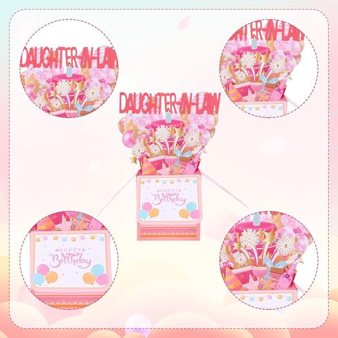 Happy Birthday Pop up Card, Pink Girly 3D Birthday Gift Box Balloon Star Firework Pop up Gift Box with Envelope Greeting Card for Daughter-in-Law in Saudi Arabia