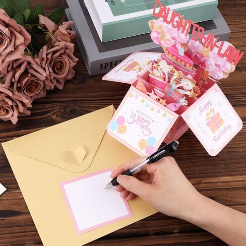 Happy Birthday Pop up Card, Pink Girly 3D Birthday Gift Box Balloon Star Firework Pop up Gift Box with Envelope Greeting Card for Daughter-in-Law in Saudi Arabia
