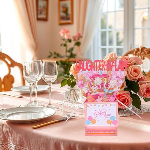 Happy Birthday Pop up Card, Pink Girly 3D Birthday Gift Box Balloon Star Firework Pop up Gift Box with Envelope Greeting Card for Daughter-in-Law in Saudi Arabia