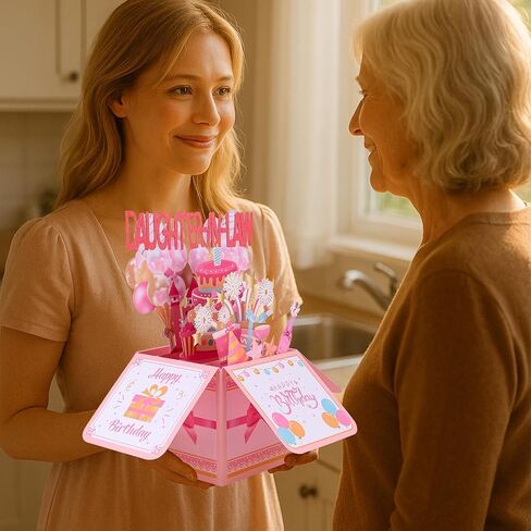 Happy Birthday Pop up Card, Pink Girly 3D Birthday Gift Box Balloon Star Firework Pop up Gift Box with Envelope Greeting Card for Daughter-in-Law in Saudi Arabia