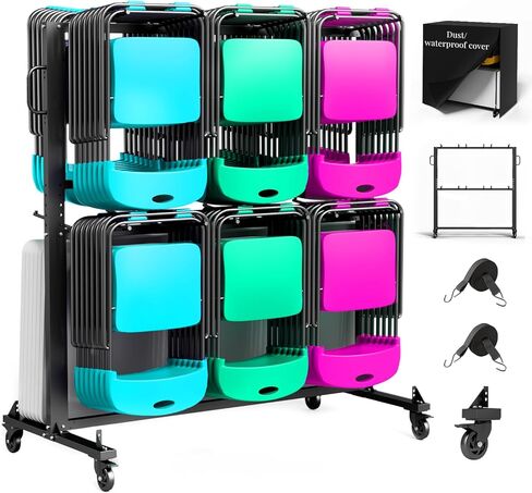 رف كرسي قابل للطي مع غطاء الغبار ، عجلات قابلة للقفل وعربة تخزين الوقوف ، 1200 رطل لـ 84 كرسي/12 طاولًا ، حامل كرسي كبير ، أسود غير لامع in Kuwait