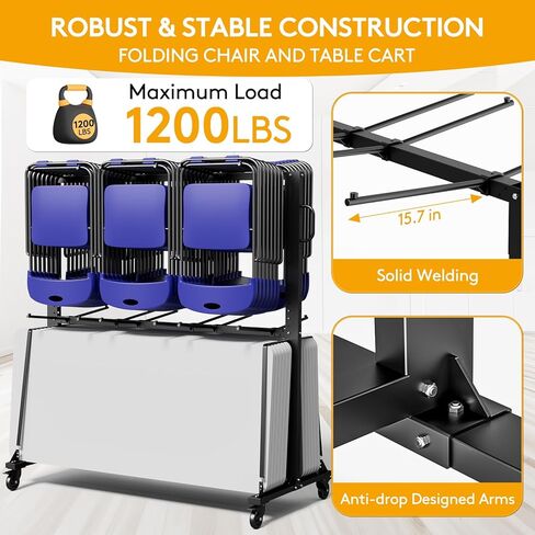 رف كرسي قابل للطي مع غطاء الغبار ، عجلات قابلة للقفل وعربة تخزين الوقوف ، 1200 رطل لـ 84 كرسي/12 طاولًا ، حامل كرسي كبير ، أسود غير لامع in Kuwait