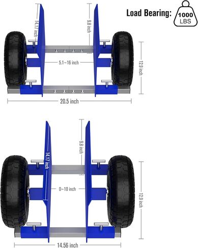 Moving Adjustable Dolly, 2 × 10" Heavy Duty Solid Rubber Tires Wheels 1000LBS Load Capacity for Panel/Slab/Plywood/Door/Granite/Drywall Material Handling and More - Black in Saudi Arabia