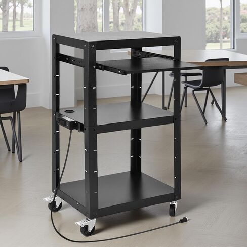 DWVO AV Presentation Cart Stand with Locking Cabinet, Steel Rolling Metal Cart on Wheels with Keyboard Tray & 16.4ft Cord for Video Projector, TV, Laptop Computers, Printers, Black in Saudi Arabia