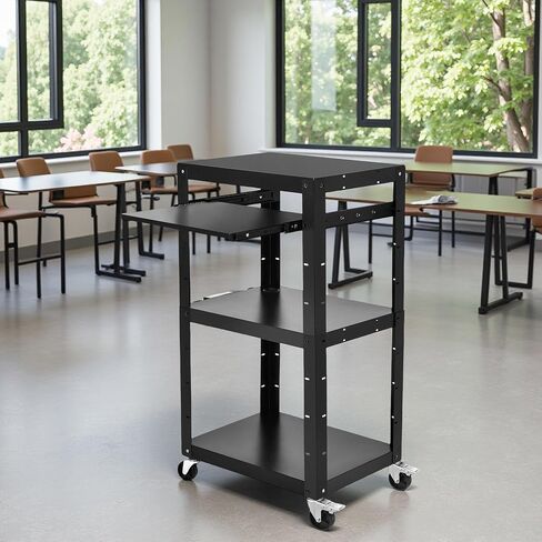 DWVO AV Presentation Cart Stand with Locking Cabinet, Steel Rolling Metal Cart on Wheels with Keyboard Tray & 16.4ft Cord for Video Projector, TV, Laptop Computers, Printers, Black in Saudi Arabia