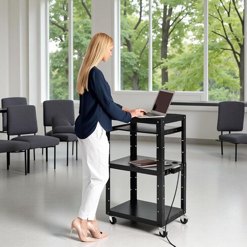 DWVO AV Presentation Cart Stand with Locking Cabinet, Steel Rolling Metal Cart on Wheels with Keyboard Tray & 16.4ft Cord for Video Projector, TV, Laptop Computers, Printers, Black in Saudi Arabia