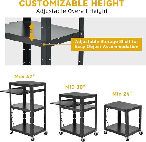 DWVO AV Presentation Cart Stand with Locking Cabinet, Steel Rolling Metal Cart on Wheels with Keyboard Tray & 16.4ft Cord for Video Projector, TV, Laptop Computers, Printers, Black in Saudi Arabia
