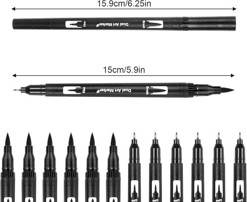 12 عبوة أسود رسم أقلام شعر بالفرشاة القلم Fineliner حبر الحبر المزدوج فرش نصيحة ثنائية in Kuwait