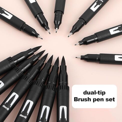 12 عبوة أسود رسم أقلام شعر بالفرشاة القلم Fineliner حبر الحبر المزدوج فرش نصيحة ثنائية in Kuwait