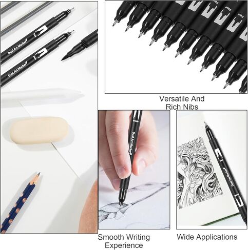 12 عبوة أسود رسم أقلام شعر بالفرشاة القلم Fineliner حبر الحبر المزدوج فرش نصيحة ثنائية in Kuwait