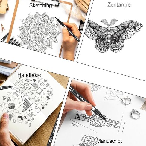 12 عبوة أسود رسم أقلام شعر بالفرشاة القلم Fineliner حبر الحبر المزدوج فرش نصيحة ثنائية in Kuwait