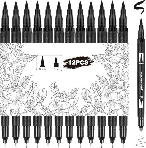 12 عبوة أسود رسم أقلام شعر بالفرشاة القلم Fineliner حبر الحبر المزدوج فرش نصيحة ثنائية in Kuwait
