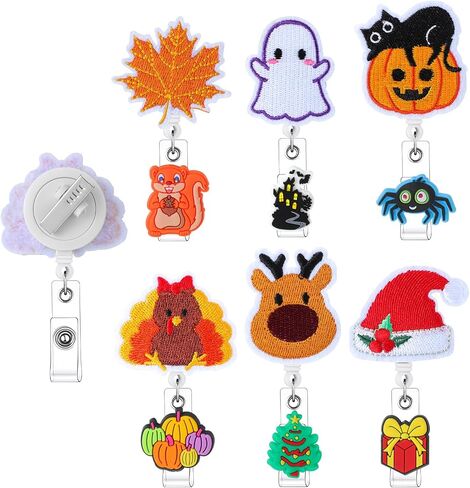 Geyoga 6 Pcs Holiday Badge Reels Retractable Name Card Halloween Thanksgiving Fall Christmas Cute Badge Holder Funny Badge Reels with Alligator Clip for Nurse Doctor Office Employee Gifts in Saudi Arabia