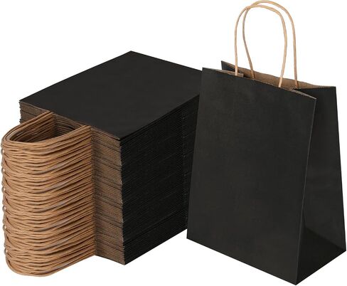 Joybe 50 Pack 8x4.75x10 inch Media Black Kraft Paper Bags with Wandles Bulk ، Craft Paper Gift Facs for Party Grocery Retail Shopping Business Goody Take Out Flugh Stacks (50pcs) in Kuwait