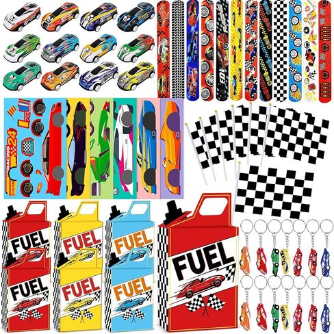 72Pcs Race Car Party Favors Racing Car Birthday Party Supplies Race Car Fuel Can Treat Boxes Key Chains Slap Bracelets Black White Checkered Flag DIY Sticker for Kids Boy Girl Birthday Decorations in Saudi Arabia