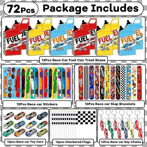 72Pcs Race Car Party Favors Racing Car Birthday Party Supplies Race Car Fuel Can Treat Boxes Key Chains Slap Bracelets Black White Checkered Flag DIY Sticker for Kids Boy Girl Birthday Decorations in Saudi Arabia