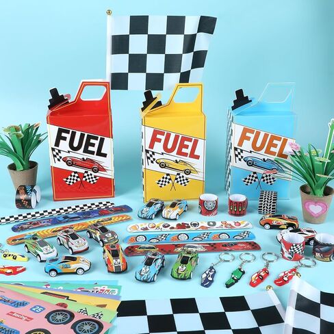 72Pcs Race Car Party Favors Racing Car Birthday Party Supplies Race Car Fuel Can Treat Boxes Key Chains Slap Bracelets Black White Checkered Flag DIY Sticker for Kids Boy Girl Birthday Decorations in Saudi Arabia