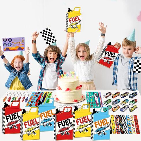 72Pcs Race Car Party Favors Racing Car Birthday Party Supplies Race Car Fuel Can Treat Boxes Key Chains Slap Bracelets Black White Checkered Flag DIY Sticker for Kids Boy Girl Birthday Decorations in Saudi Arabia