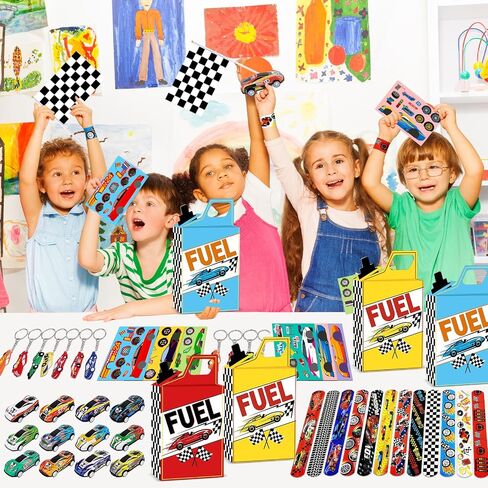 72Pcs Race Car Party Favors Racing Car Birthday Party Supplies Race Car Fuel Can Treat Boxes Key Chains Slap Bracelets Black White Checkered Flag DIY Sticker for Kids Boy Girl Birthday Decorations in Saudi Arabia