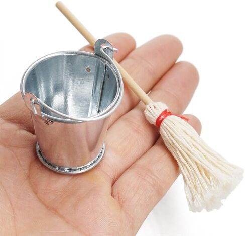 Odoria 1/12 Miniature Mop and Metal Bucket Mini Tin Buckets Miniatures Dollhouse Cleaning Accessories Doll House Accessory in Saudi Arabia