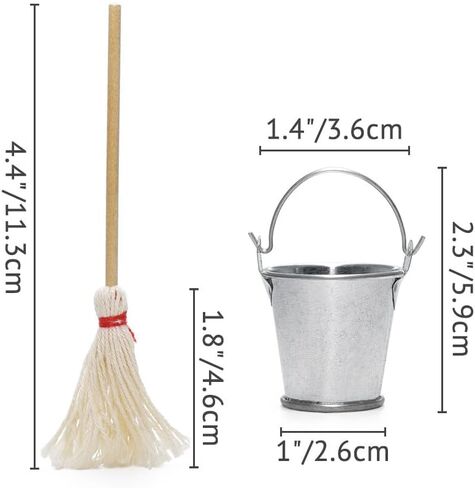 Odoria 1/12 Miniature Mop and Metal Bucket Mini Tin Buckets Miniatures Dollhouse Cleaning Accessories Doll House Accessory in Saudi Arabia