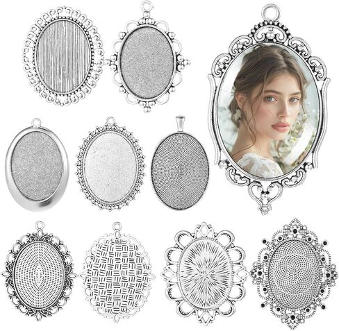 10 Pcs Pendant Trays, 30 x 40mm Vintage Blank Bezel Pendant Tray Blank Oval Cabochons Base Setting Bezel Frame Metal Cameo for Mom Bouquet Bridal Wedding Brides Graduation Photo Charms Jewelry Making in Saudi Arabia