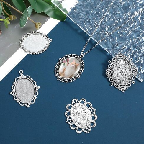 10 Pcs Pendant Trays, 30 x 40mm Vintage Blank Bezel Pendant Tray Blank Oval Cabochons Base Setting Bezel Frame Metal Cameo for Mom Bouquet Bridal Wedding Brides Graduation Photo Charms Jewelry Making in Saudi Arabia