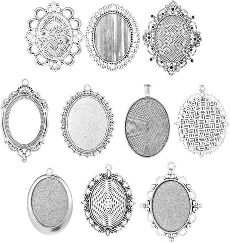 10 Pcs Pendant Trays, 30 x 40mm Vintage Blank Bezel Pendant Tray Blank Oval Cabochons Base Setting Bezel Frame Metal Cameo for Mom Bouquet Bridal Wedding Brides Graduation Photo Charms Jewelry Making in Saudi Arabia