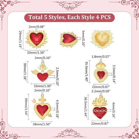 UniCraftale 20pcs 5 أنماط القلب سحر سبيكة المعلقات المينا الذهبية سحر القلب المقدس القلب الأحمر شوكة الأشواك السحر المينا الفاخرة لتصنيع المجوهر in Saudi Arabia